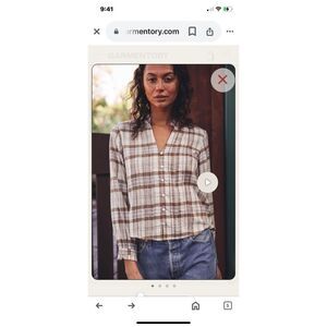 TROVATA Birds of Paradis Finley Parchment Plaid Ruffled Pintuck Button Down Blou